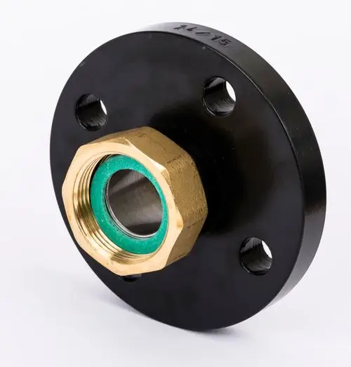 Schwarzes Anschraubflanschset mit einer goldfarbenen Mutter und innerem Gewinde. Von Danfoss, geeignet für Installationen in Rohrsystemen.